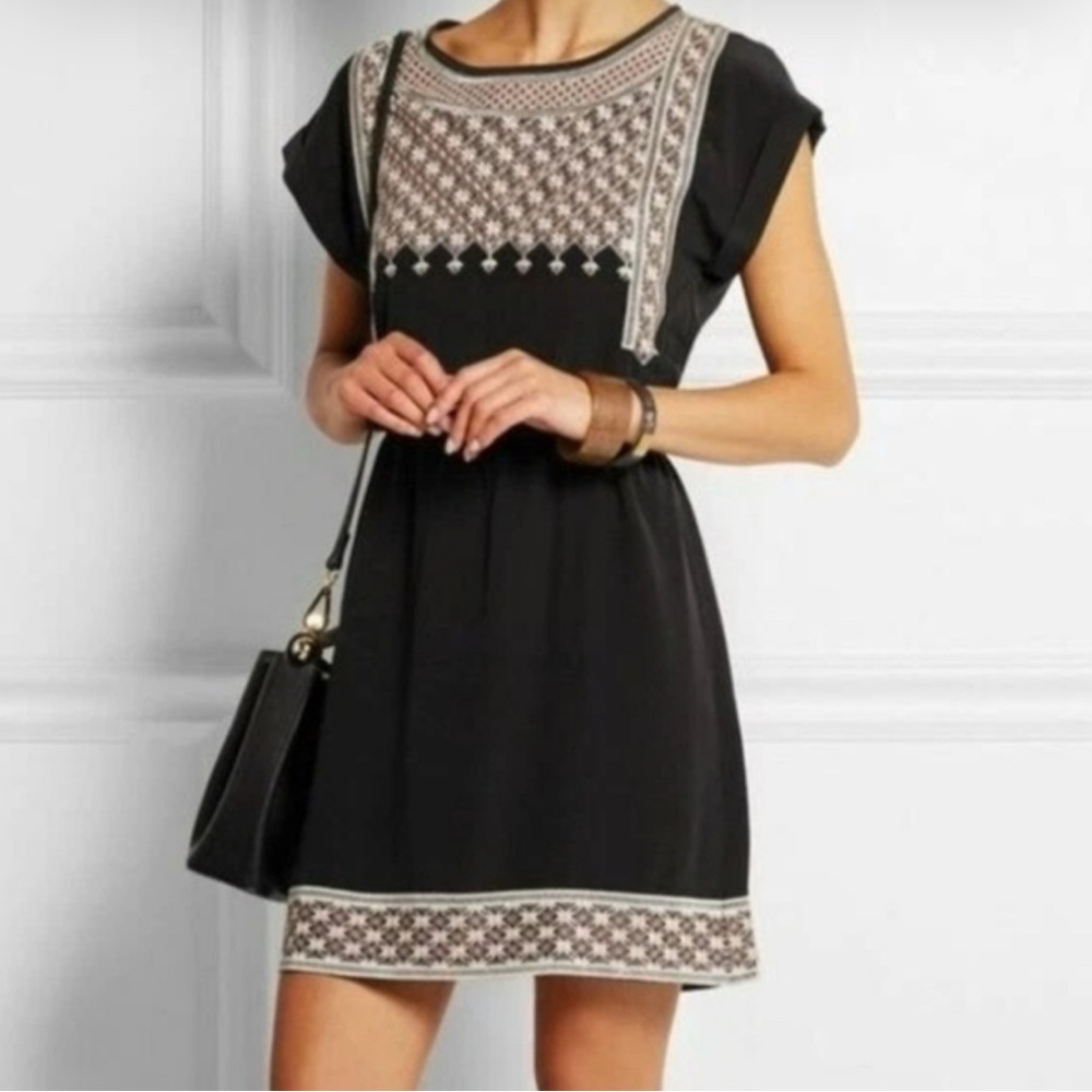 Madewell Silk Black Dress with Cream Embroidered Trim